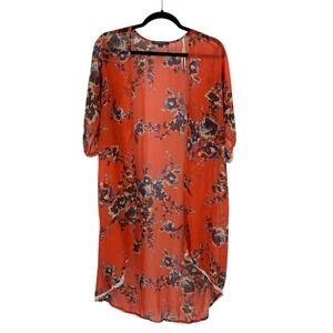 Sheer Floral Kimono Duster Top L Orange Lace Trim Boho Romantic Cottagecore